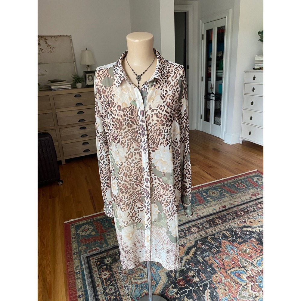 Chico's Leopard Floral Mixed Print Button Down Tunic Top Size 3 XL 16/18